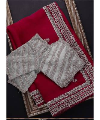 maroon organza embroidered  saree with blouse 1