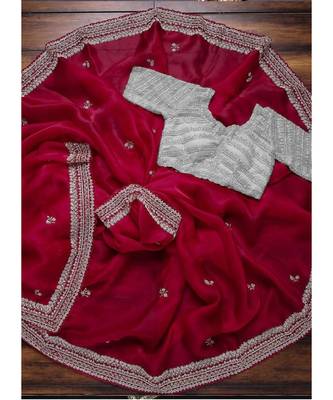 maroon organza embroidered  saree with blouse 3