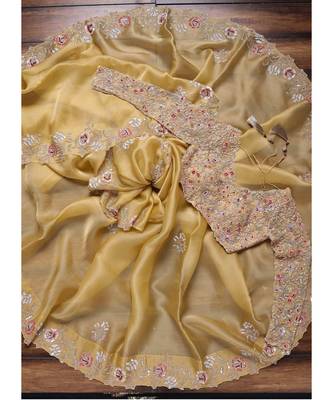cream organza embroidered  saree with blouse 3