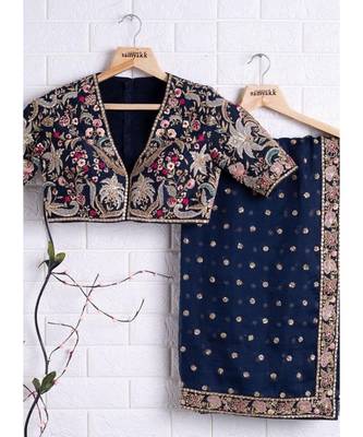 blue organza embroidered  saree with blouse 1