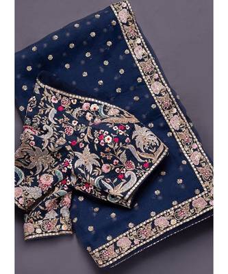 blue organza embroidered  saree with blouse 2
