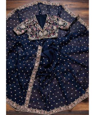 blue organza embroidered  saree with blouse 4