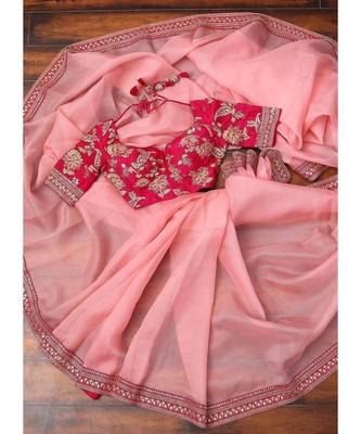 pink organza embroidered  saree with blouse 1