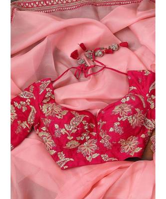 pink organza embroidered  saree with blouse 2