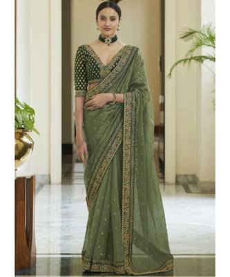 olive organza embroidered  saree with blouse 1