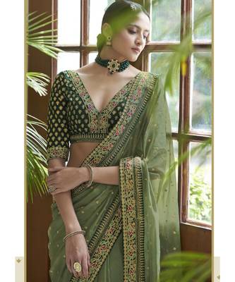 olive organza embroidered  saree with blouse 2