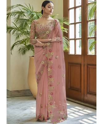 pink organza embroidered  saree with blouse 1