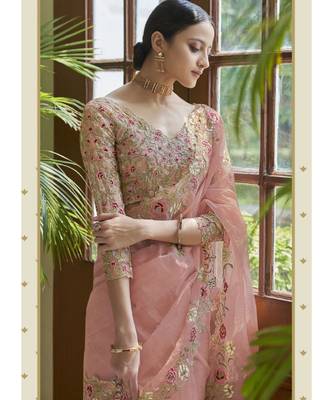 pink organza embroidered  saree with blouse 2