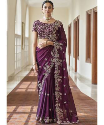 wine crepe embroidered  saree with blouse 1