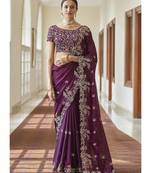 wine crepe embroidered  saree with blouse