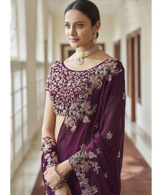 wine crepe embroidered  saree with blouse 2