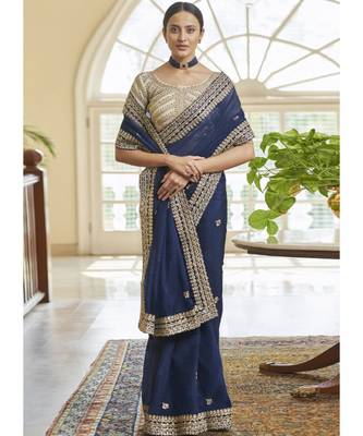 blue organza embroidered  saree with blouse 1
