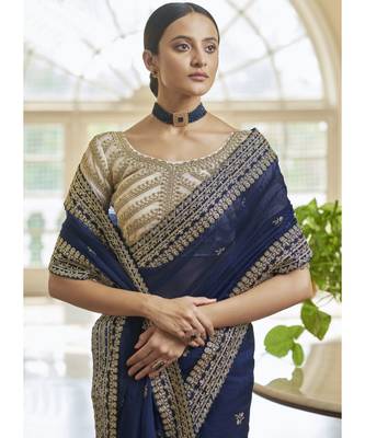 blue organza embroidered  saree with blouse 2