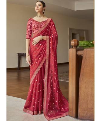 red organza embroidered  saree with blouse 1