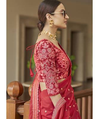 red organza embroidered  saree with blouse 2