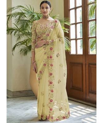cream organza embroidered  saree with blouse 1
