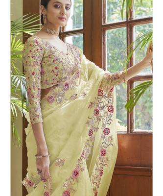 cream organza embroidered  saree with blouse 2