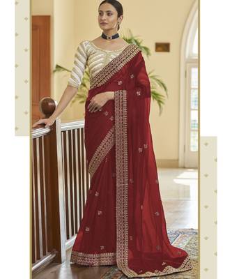 maroon organza embroidered  saree with blouse 1