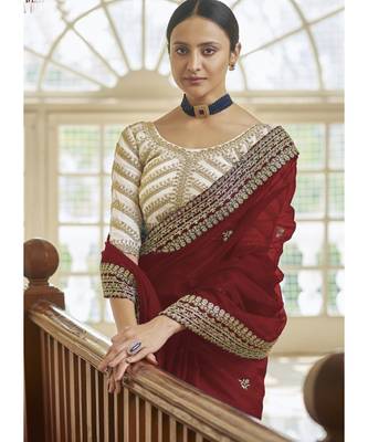 maroon organza embroidered  saree with blouse 2