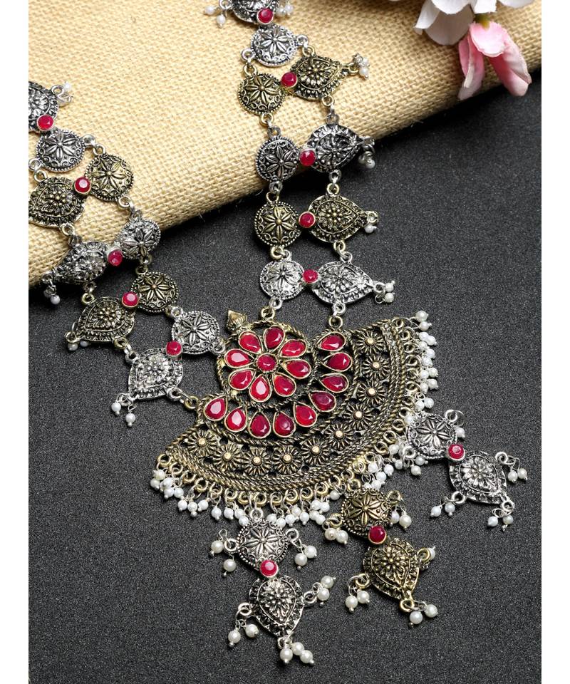Pink stone silver plated Alloy Necklace