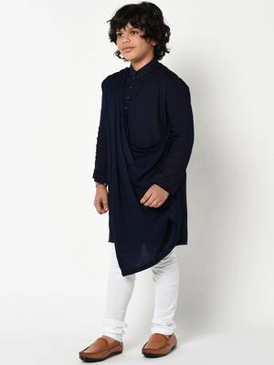 Boys Navy Blue & White Solid Kurta with Churidar 3