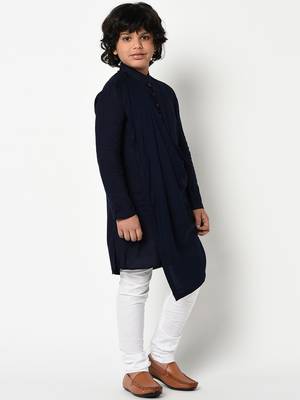 Boys Navy Blue & White Solid Kurta with Churidar 1