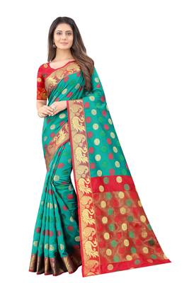 Green woven silk blend saree with blouse 1