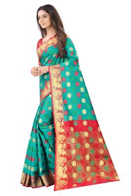 Green woven silk blend saree with blouse 2