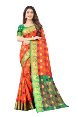 Orange woven silk blend saree with blouse 1