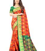 Orange woven silk blend saree with blouse