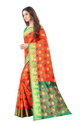Orange woven silk blend saree with blouse 2