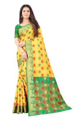 Yellow woven silk blend saree with blouse 1