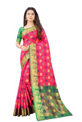 Pink woven silk blend saree with blouse 1