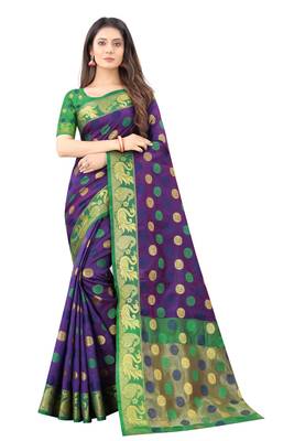 Navy blue woven silk blend saree with blouse 1
