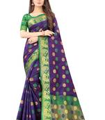 Navy blue woven silk blend saree with blouse