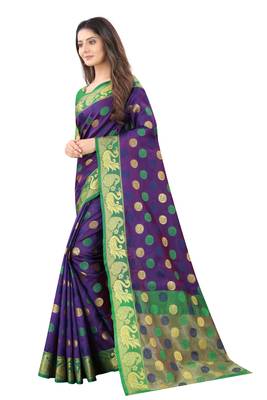Navy blue woven silk blend saree with blouse 2