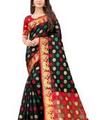 Black woven silk blend saree with blouse