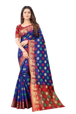 Royal blue woven silk blend saree with blouse 1