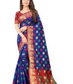 Royal blue woven silk blend saree with blouse