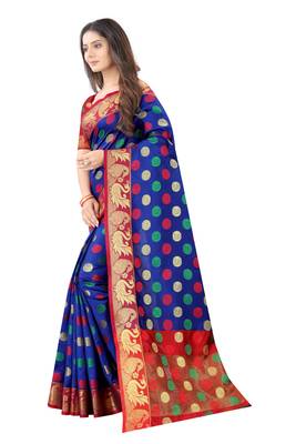Royal blue woven silk blend saree with blouse 2