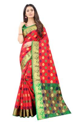 Red woven silk blend saree with blouse 1