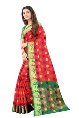 Red woven silk blend saree with blouse 2