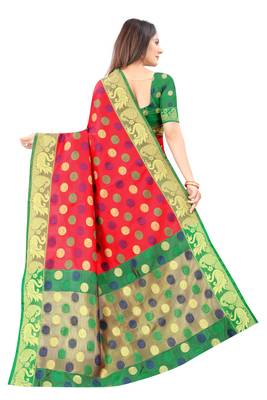 Red woven silk blend saree with blouse 3