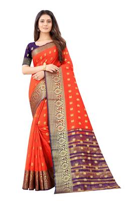 Orange woven silk blend saree with blouse 1