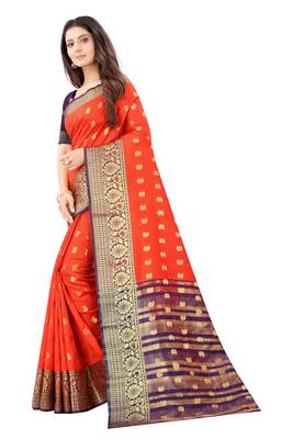 Orange woven silk blend saree with blouse 2