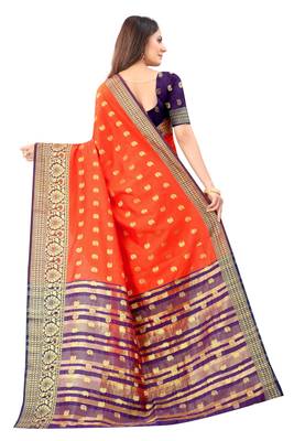 Orange woven silk blend saree with blouse 3