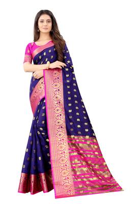 Navy blue woven silk blend saree with blouse 1