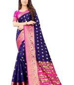 Navy blue woven silk blend saree with blouse