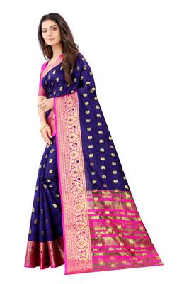 Navy blue woven silk blend saree with blouse 2