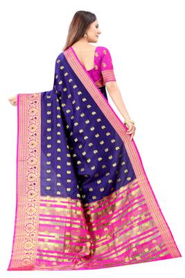 Navy blue woven silk blend saree with blouse 3